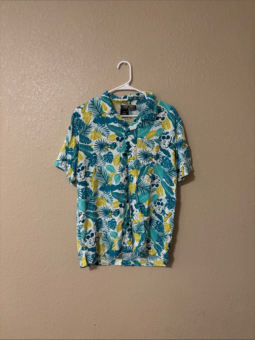 Mickey Mouse Teal & Yellow Tropical Print Short-Sleeve Shirt Men’s Small